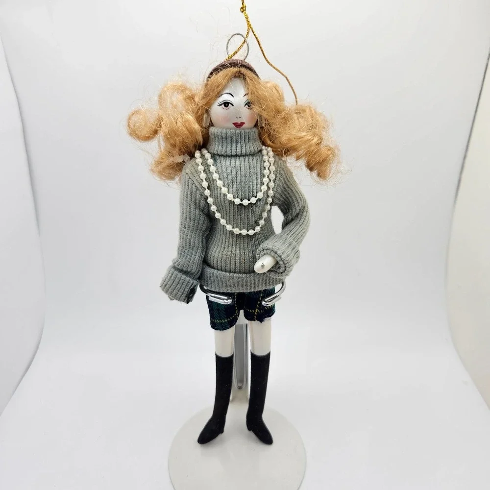 Vintage Porcelain Doll Ornament Blonde Hair Turtleneck Sweater‎ Plaid Skirt 8